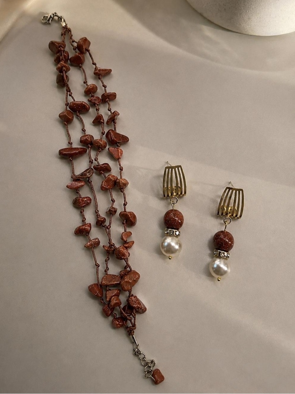 Natural brown stone Pearl Drop Earrings with Matching Natural Goldstone Bracelet